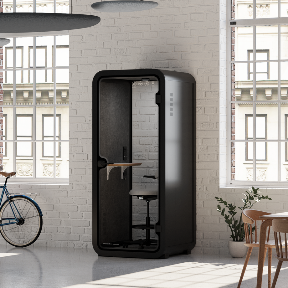 Office Pod Quell Acoustic Green Dark Grey No FurnitureCharcoal / Upgraded Device Shelf / Dark Grey