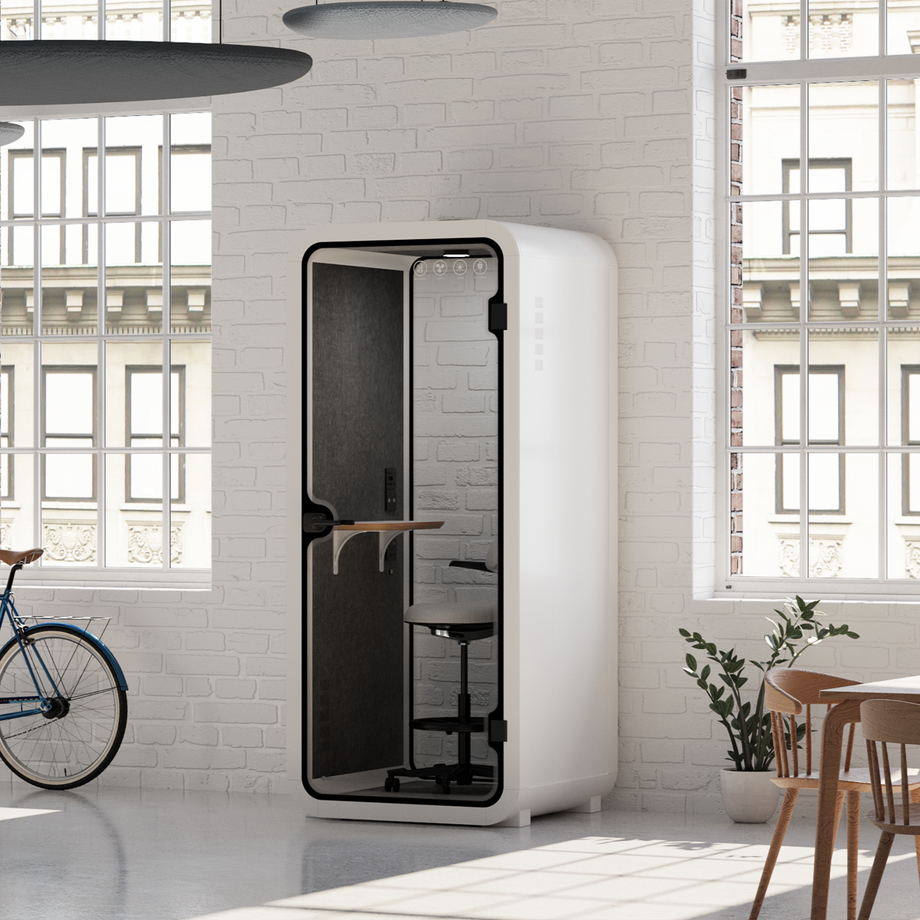 Office Pod Quell Acoustic Green Dark Grey No FurnitureWhite / Upgraded Device Shelf / Dark Grey