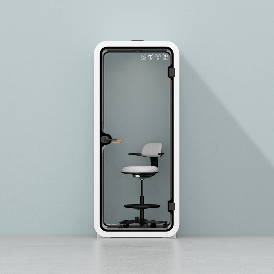 Office Pod Quell Acoustic Green Dark Grey No FurnitureWhite / Upgraded Device Shelf / Dark Grey