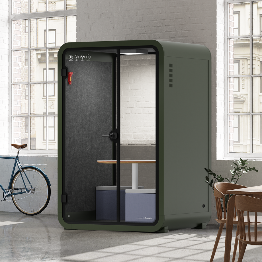 Office Phone Booth Quell - 2 PersonGreen / Meeting Room + Table + Corner Stool / Dark Gray