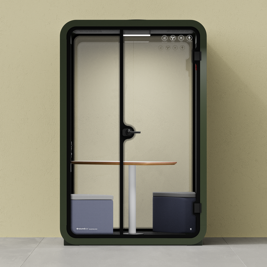 Office Phone Booth Quell - 2 PersonGreen / Meeting Room + Table + Corner Stool / Dark Gray