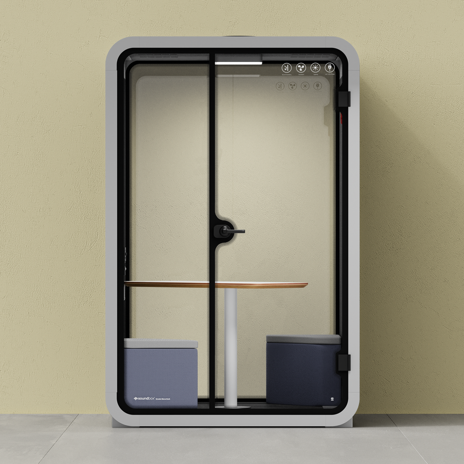 Office Phone Booth Quell - 2 PersonLight Grey / Meeting Room + Table + Corner Stool / Dark Gray