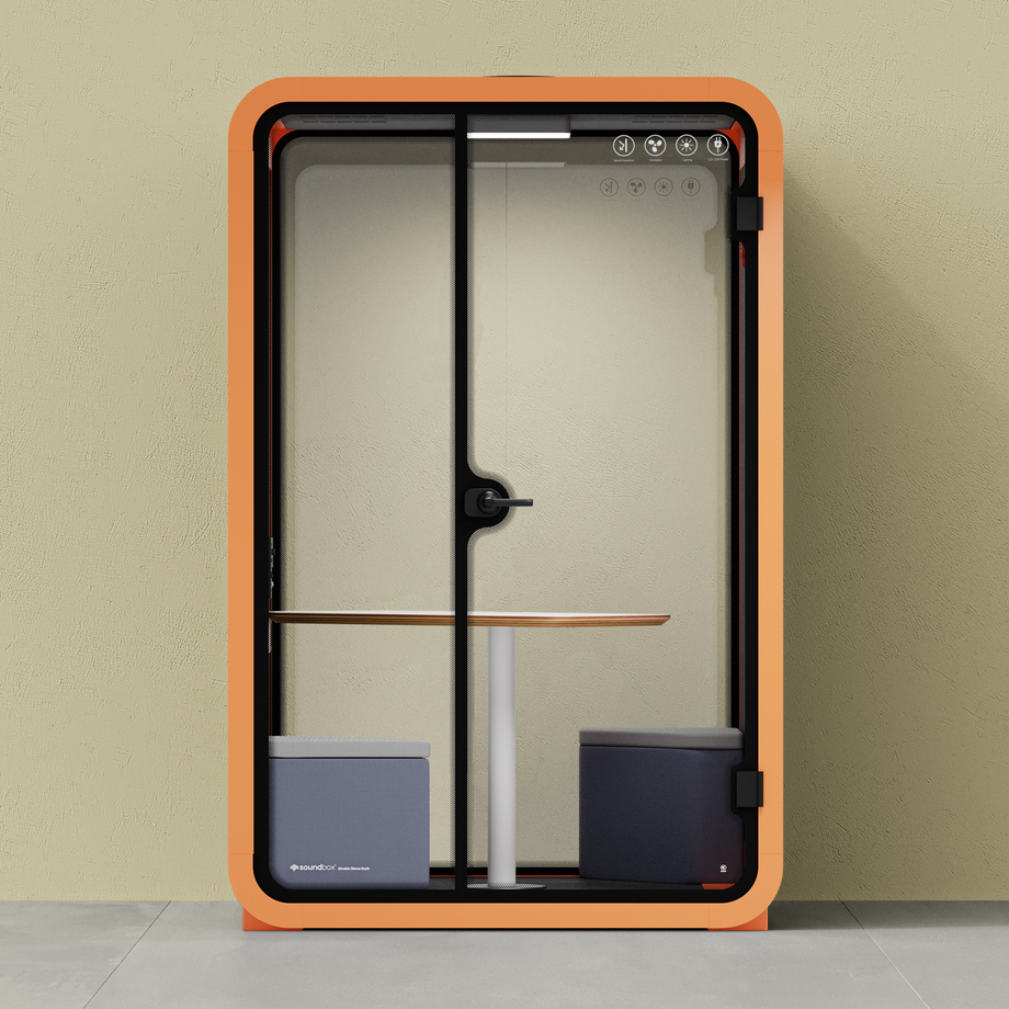 Office Phone Booth Quell - 2 PersonOrange / Meeting Room + Table + Corner Stool / Dark Gray