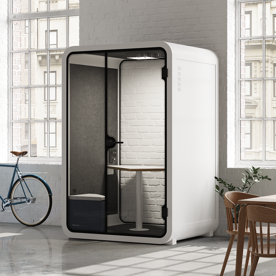 Office Phone Booth Quell - 2 PersonWhite / Meeting Room + Table + Corner Stool / Dark Gray