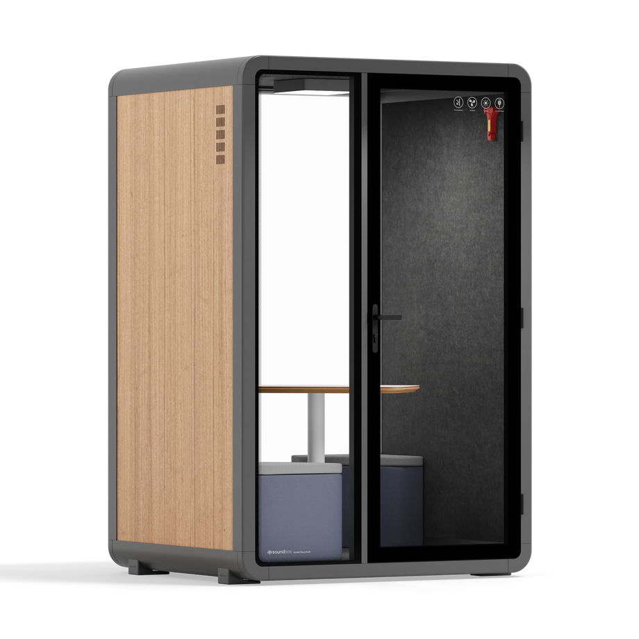 Quell - Quell+ - 2 Person PodWooden / Meeting Room + Table + Corner Stool / Dark Gray