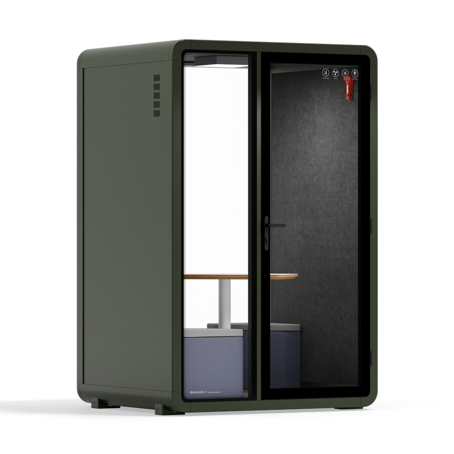 Quell - Quell+ - 2 Person PodDark Green / Meeting Room + Table + Corner Stool / Dark Gray