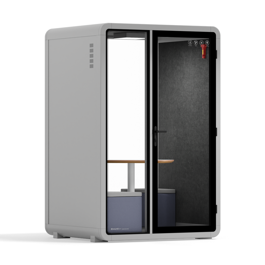 Quell - Quell+ - 2 Person PodLight Grey / Meeting Room + Table + Corner Stool / Dark Gray