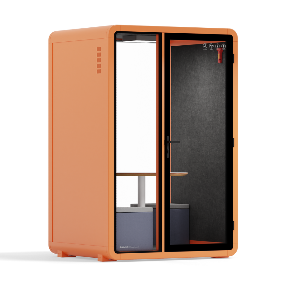 Quell - Quell+ - 2 Person PodOrange / Meeting Room + Table + Corner Stool / Dark Gray