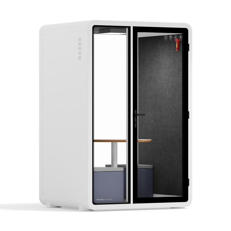 Quell - Quell+ - 2 Person PodWhite / Meeting Room + Table + Corner Stool / Dark Gray