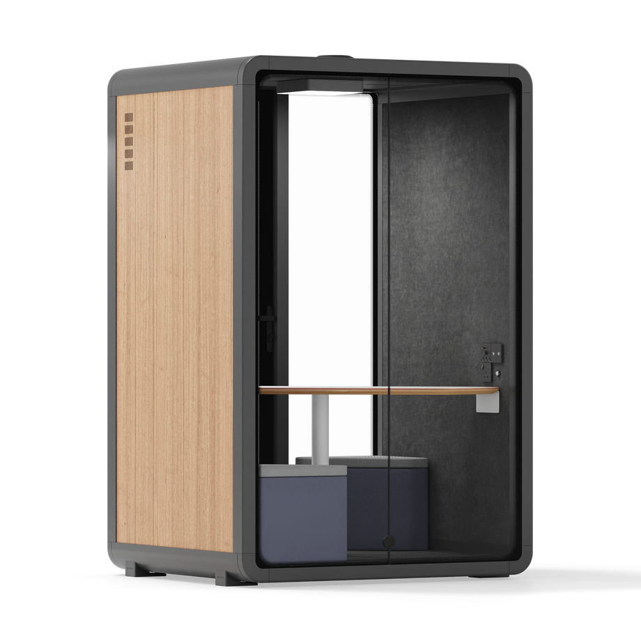 Quell - Quell+ - 2 Person PodWooden / Meeting Room + Table + Corner Stool / Dark Gray