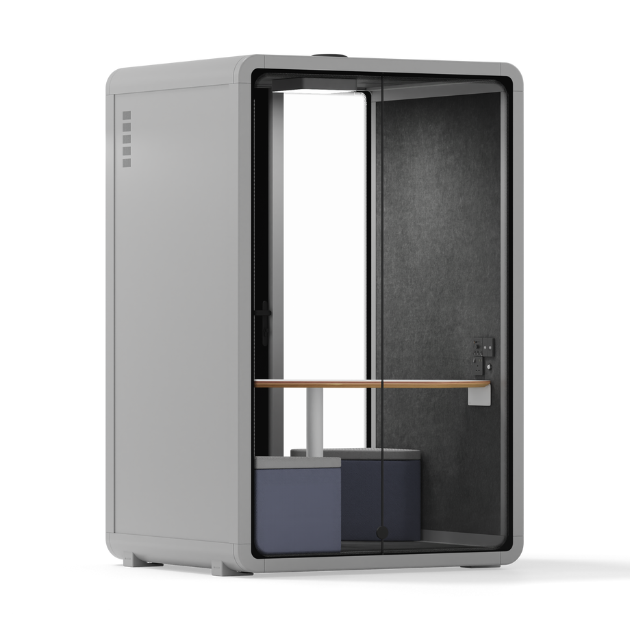 Quell - Quell+ - 2 Person PodLight Grey / Meeting Room + Table + Corner Stool / Dark Gray