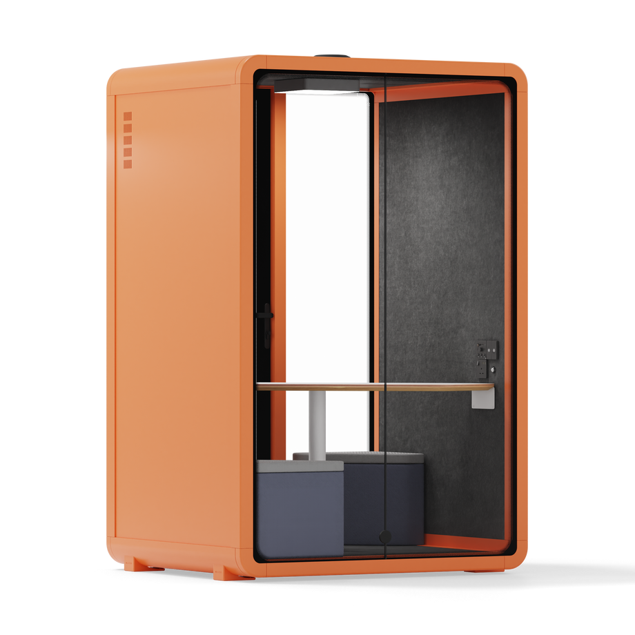 Quell - Quell+ - 2 Person PodOrange / Meeting Room + Table + Corner Stool / Dark Gray