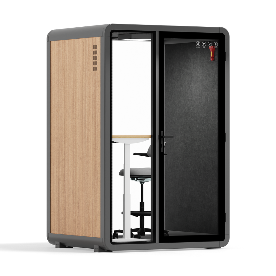 Quell - Quell+ - 2 Person PodWooden / Electric Adjustable Work Station + Stool / Dark Gray