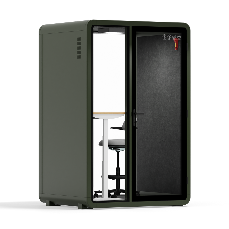 Quell - Quell+ - 2 Person PodDark Green / Electric Adjustable Work Station + Stool / Dark Gray