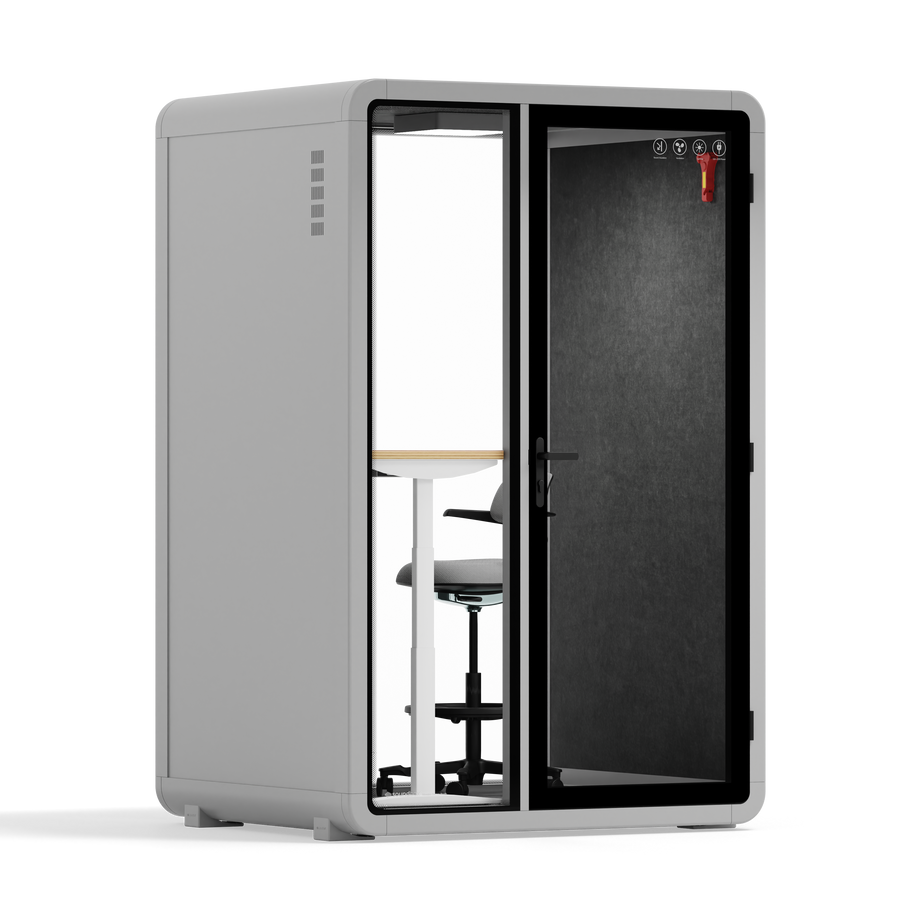 Quell - Quell+ - 2 Person PodLight Grey / Electric Adjustable Work Station + Stool / Dark Gray