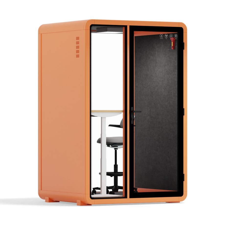 Quell - Quell+ - 2 Person PodOrange / Electric Adjustable Work Station + Stool / Dark Gray