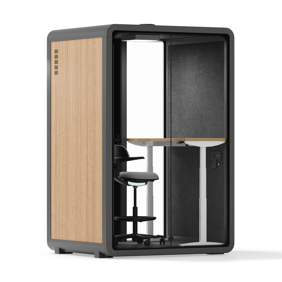 Quell - Quell+ - 2 Person PodWooden / Electric Adjustable Work Station + Stool / Dark Gray