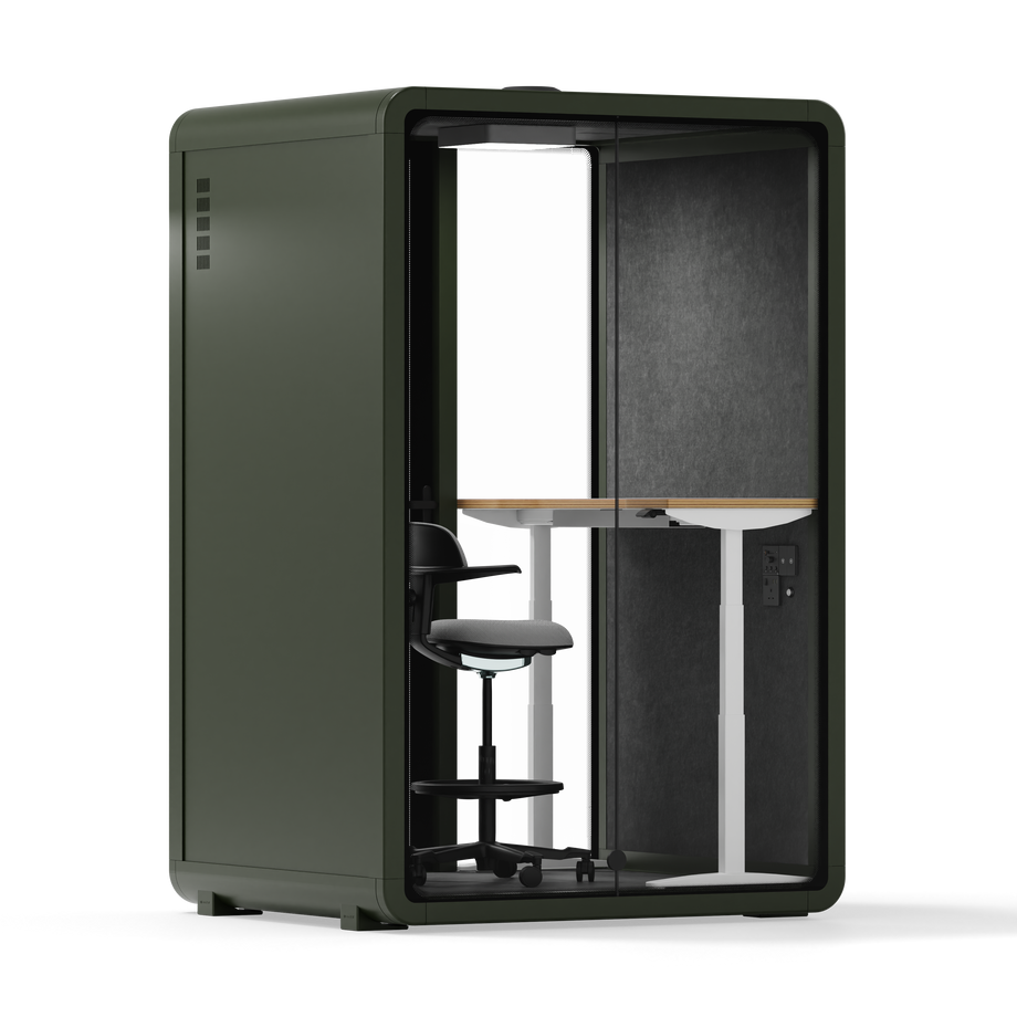 Quell - Quell+ - 2 Person PodDark Green / Electric Adjustable Work Station + Stool / Dark Gray