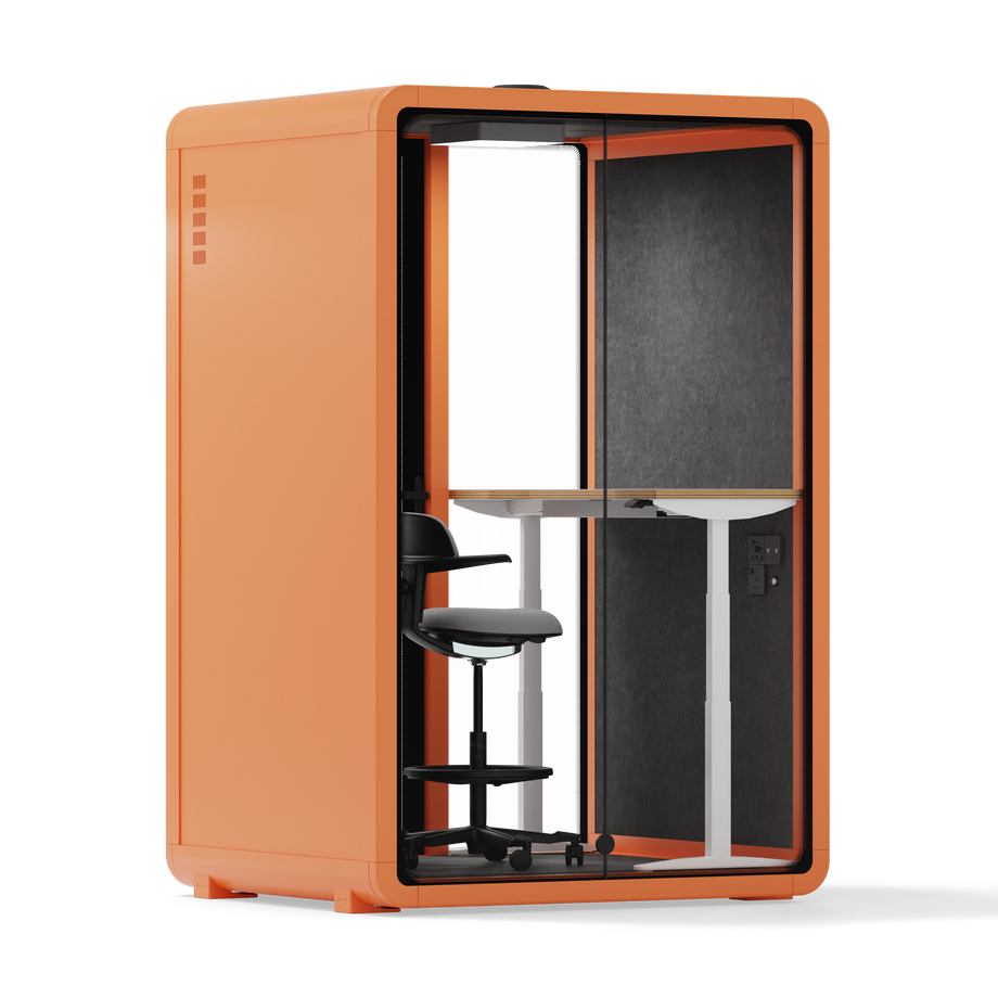Quell - Quell+ - 2 Person PodOrange / Electric Adjustable Work Station + Stool / Dark Gray