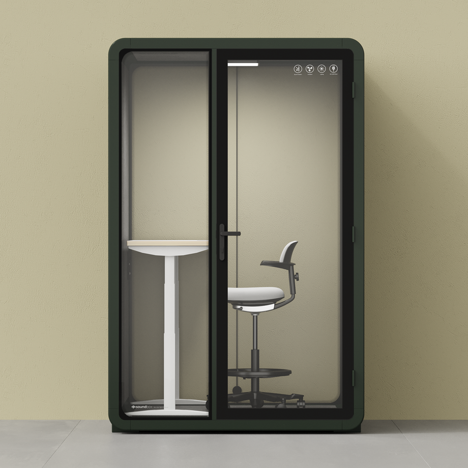 Quell - Quell+ - 2 Person PodDark Green / Electric Adjustable Work Station + Stool / Dark Gray