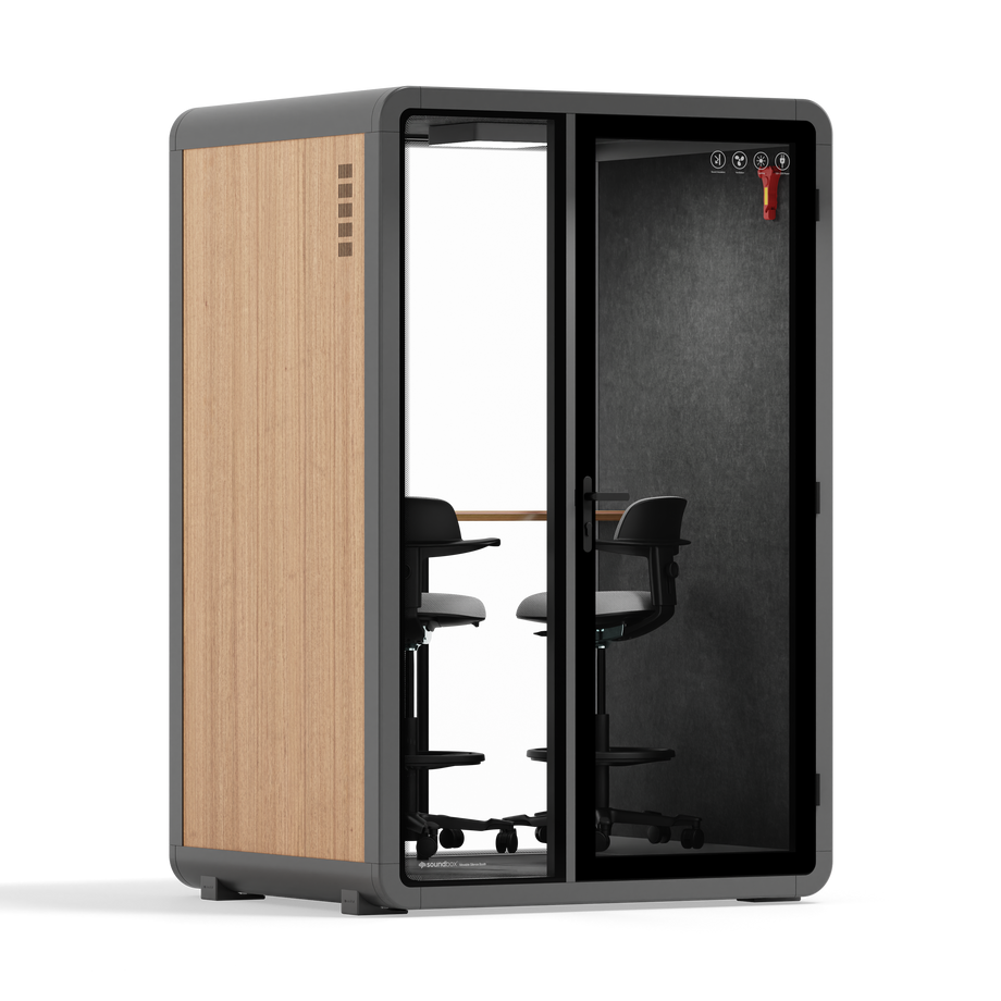 Quell - Quell+ - 2 Person PodWooden / Dual Zoom Room + Device Shelf + 2 Barstools / Dark Gray