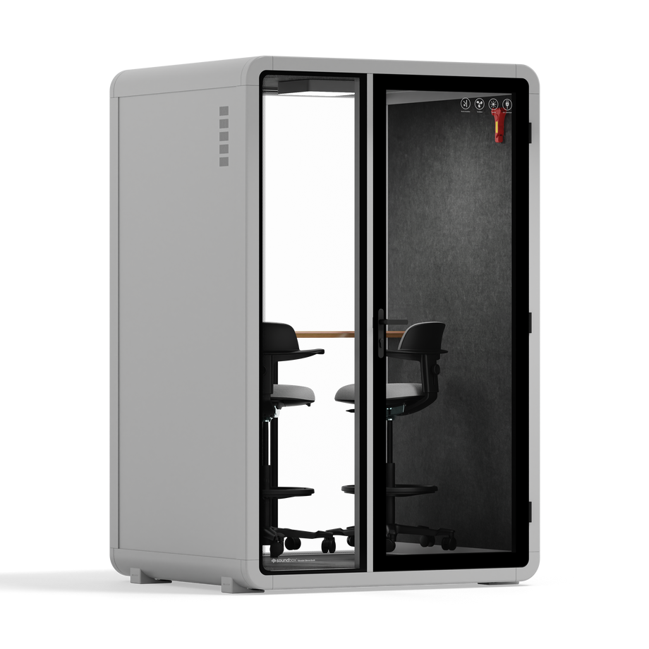 Quell - Quell+ - 2 Person PodLight Grey / Dual Zoom Room + Device Shelf + 2 Barstools / Dark Gray