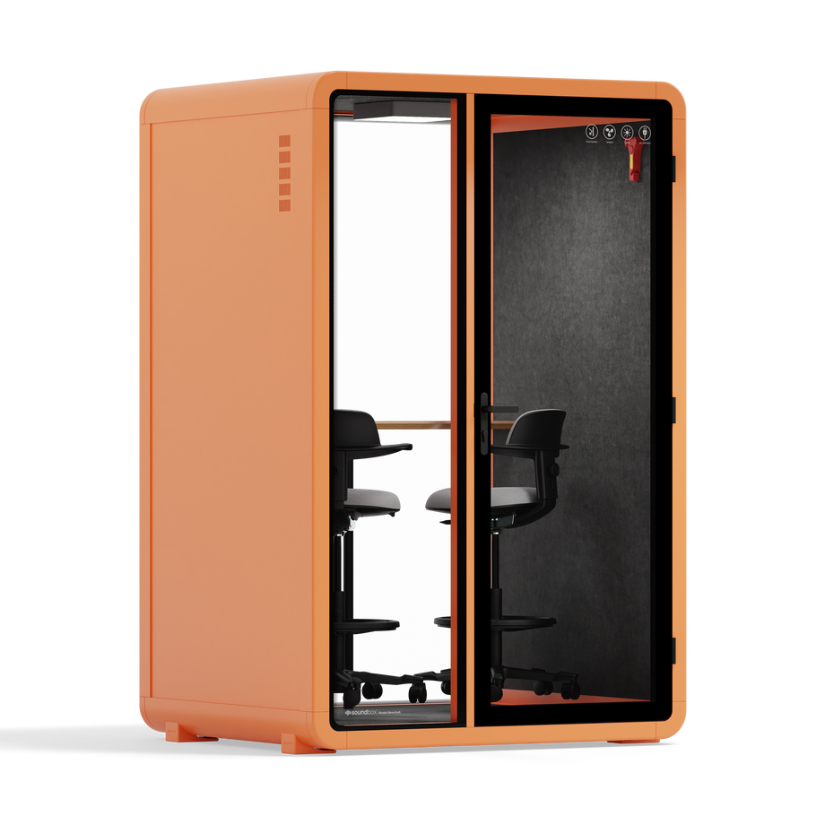 Quell - Quell+ - 2 Person PodOrange / Dual Zoom Room + Device Shelf + 2 Barstools / Dark Gray