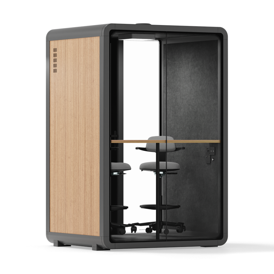 Quell - Quell+ - 2 Person PodWooden / Dual Zoom Room + Device Shelf + 2 Barstools / Dark Gray