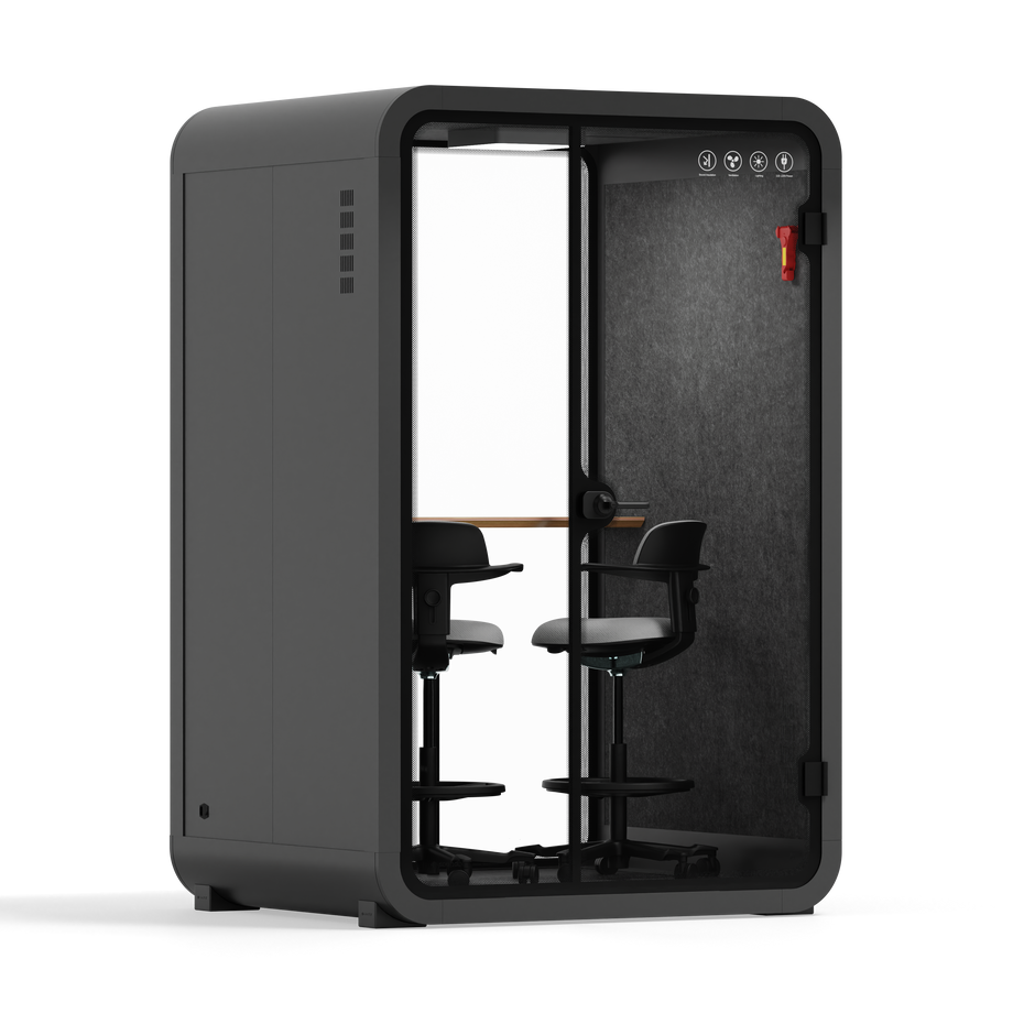 Office Phone Booth Quell - 2 PersonCharcoal / Dual Zoom Room + Device Shelf + 2 Barstools / Dark Gray