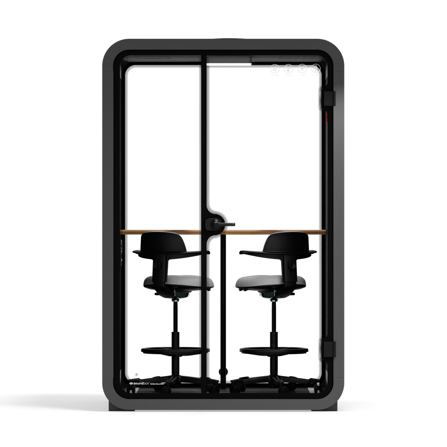 Office Phone Booth Quell - 2 PersonCharcoal / Dual Zoom Room + Device Shelf + 2 Barstools / Dark Gray