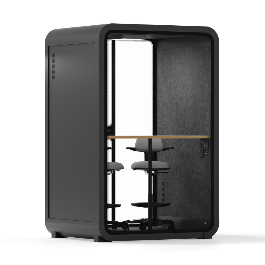 Office Phone Booth Quell - 2 PersonCharcoal / Dual Zoom Room + Device Shelf + 2 Barstools / Dark Gray