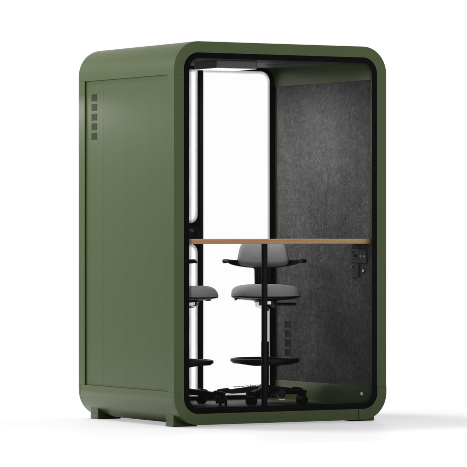 Office Phone Booth Quell - 2 PersonGreen / Dual Zoom Room + Device Shelf + 2 Barstools / Dark Gray