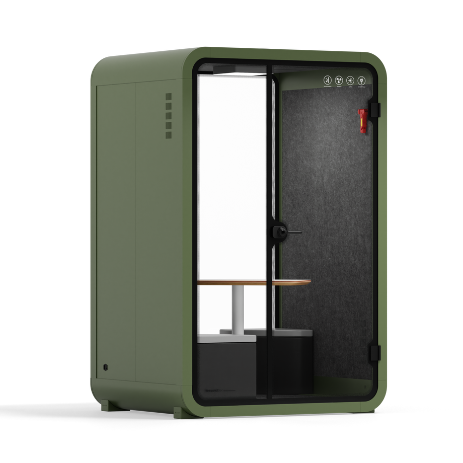 Office Phone Booth Quell - 2 PersonGreen / Meeting Room + Table + Corner Stool / Dark Gray