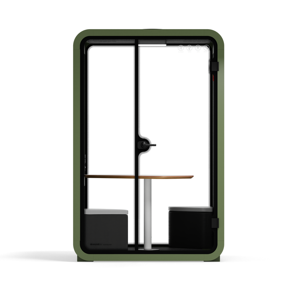 Office Phone Booth Quell - 2 PersonGreen / Meeting Room + Table + Corner Stool / Dark Gray