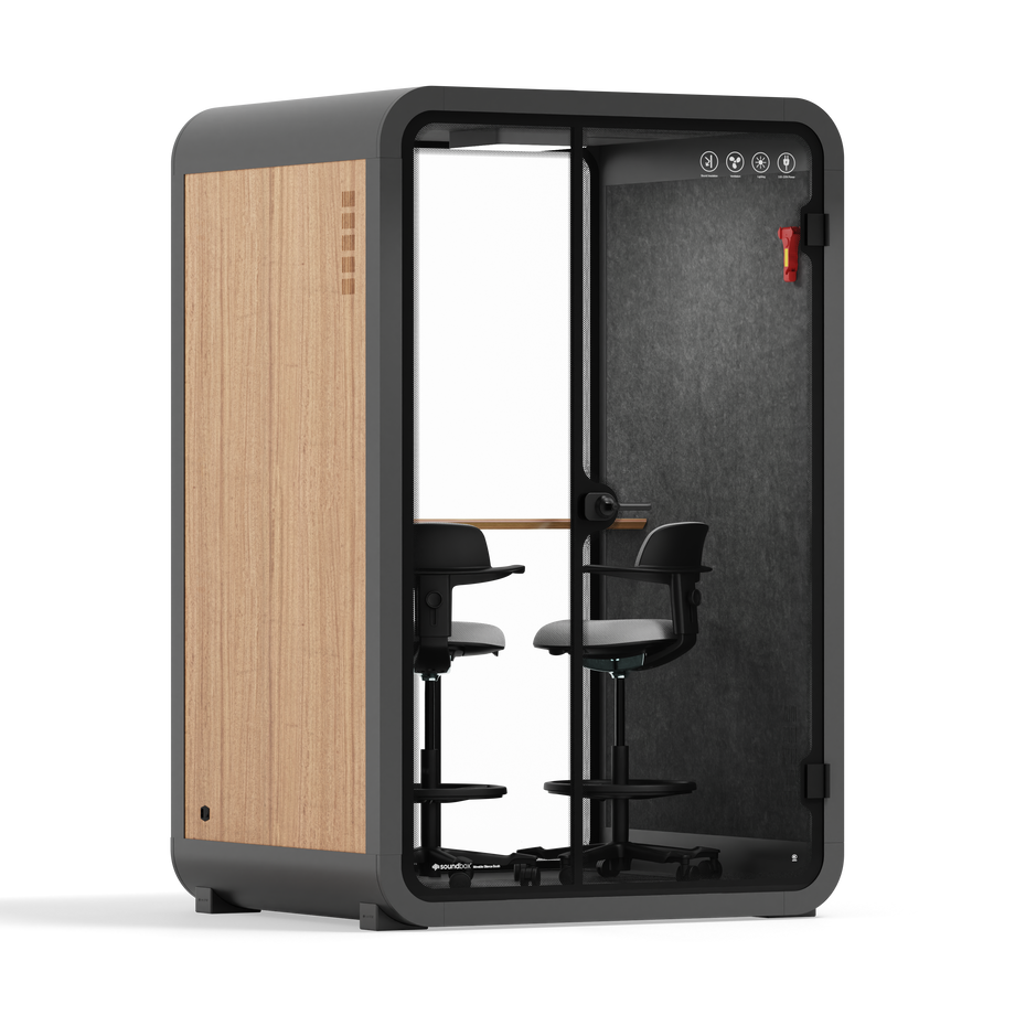 Office Phone Booth Quell - 2 PersonWooden / Dual Zoom Room + Device Shelf + 2 Barstools / Dark Gray