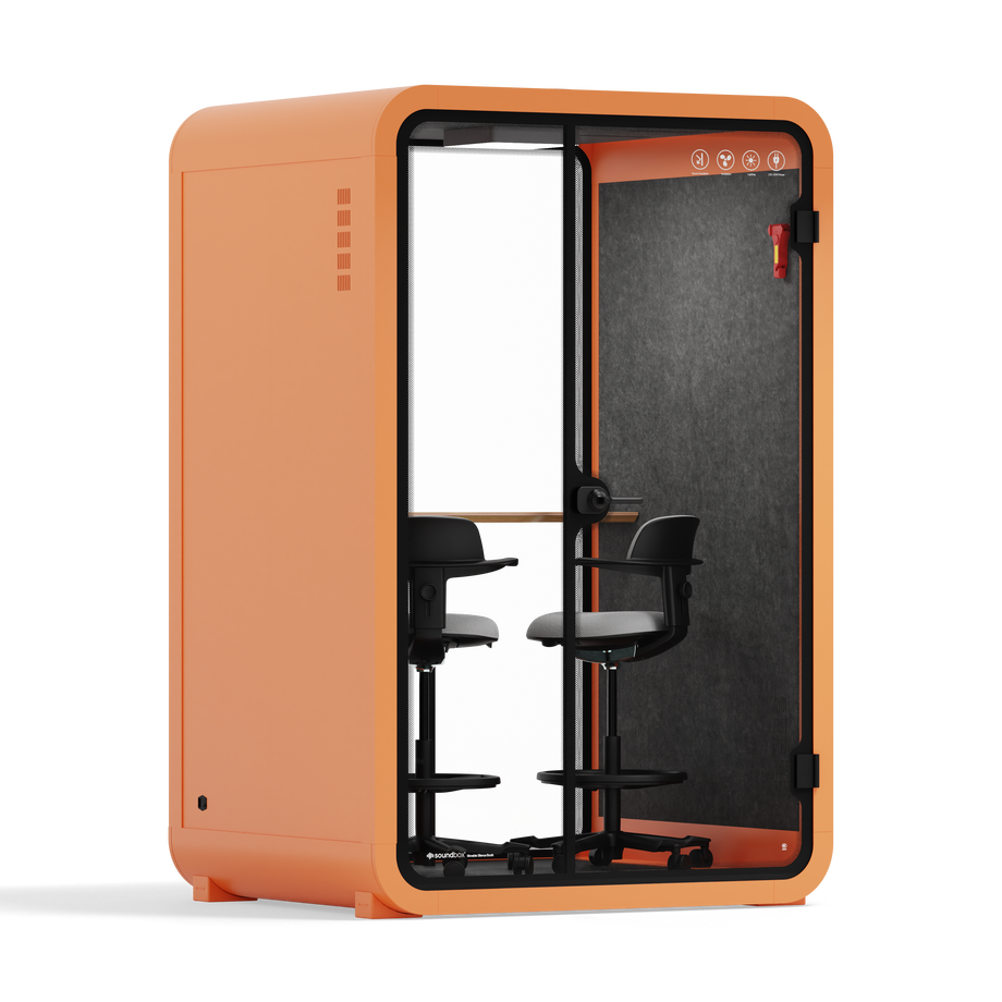 Office Phone Booth Quell - 2 PersonOrange / Dual Zoom Room + Device Shelf + 2 Barstools / Dark Gray