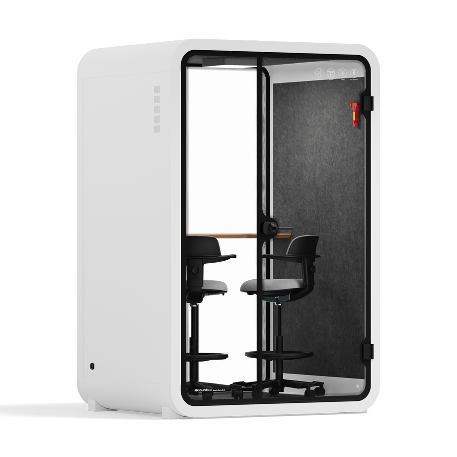 Office Phone Booth Quell - 2 PersonWhite / Dual Zoom Room + Device Shelf + 2 Barstools / Dark Gray