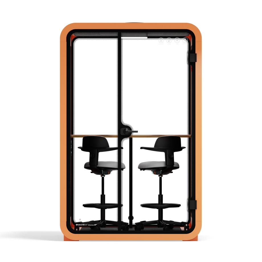 Office Phone Booth Quell - 2 PersonOrange / Dual Zoom Room + Device Shelf + 2 Barstools / Dark Gray