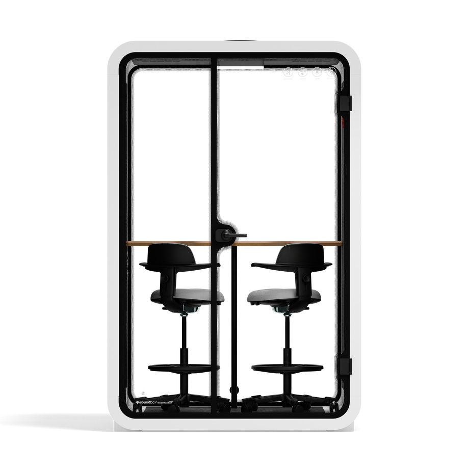 Office Phone Booth Quell - 2 PersonWhite / Dual Zoom Room + Device Shelf + 2 Barstools / Dark Gray