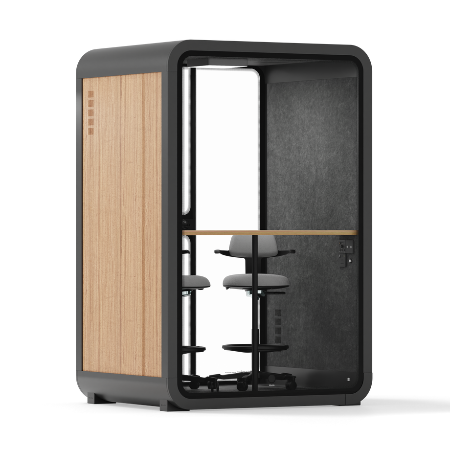 Office Phone Booth Quell - 2 PersonWooden / Dual Zoom Room + Device Shelf + 2 Barstools / Dark Gray