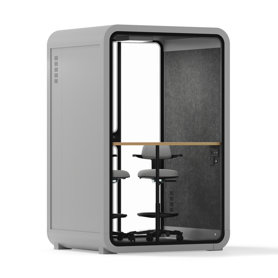 Office Phone Booth Quell - 2 PersonLight Grey / Dual Zoom Room + Device Shelf + 2 Barstools / Dark Gray