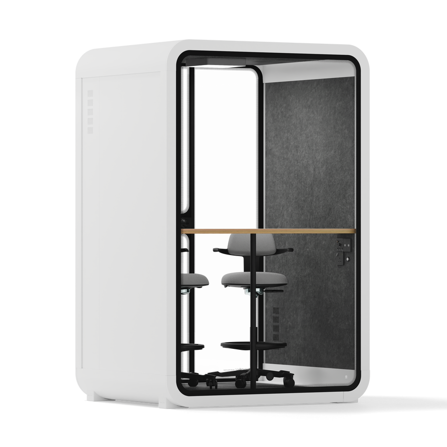 Office Phone Booth Quell - 2 PersonWhite / Dual Zoom Room + Device Shelf + 2 Barstools / Dark Gray
