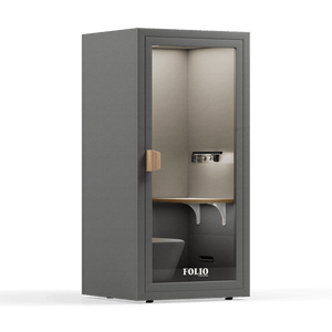 Dark Grey Folio Office Phone Booth by Soundbox Store – premium acoustic office pod for privacy and productivity.